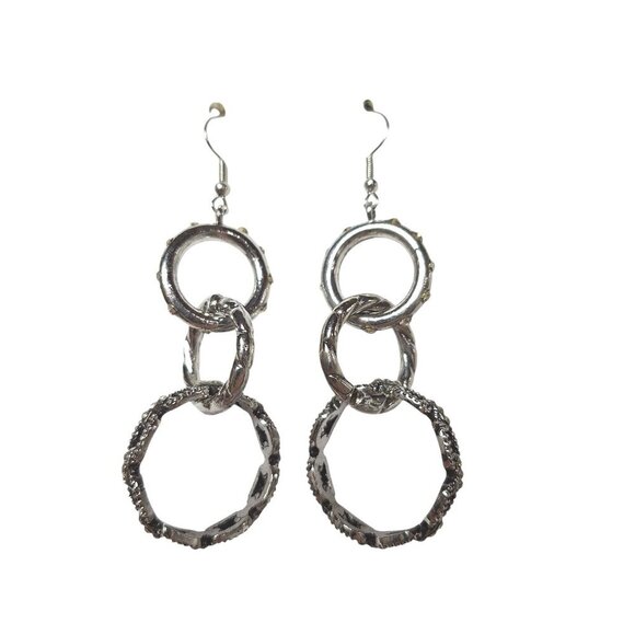 Silver Tone Triple Hoop Chain Link Dangle Earrings Rhinestones - Picture 1 of 3